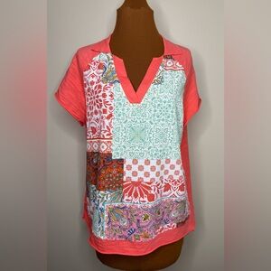 Umgee Coral Patchwork V-Neck Blouse Short Sleeves Size Large